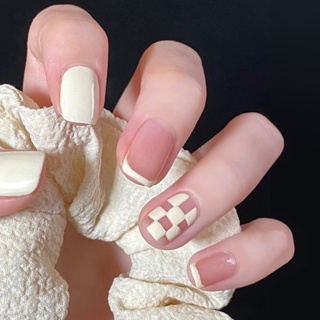 Spot# wear nail nail short pink white checkerboard grid nude color line advanced sense White fake nail 24 nail piece detachable 8jj