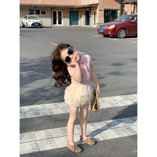 Korean childrens wear girls bow tie short-sleeved top tutu gauze skirt two-piece set girls cute Pengpeng cake short skirt trendy APC8