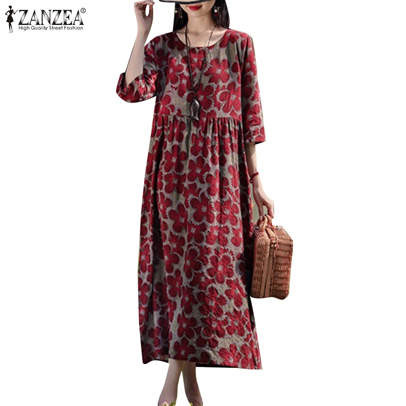 Zanzea ชุดเดรส คอกลม แขน 3/4 พิมพ์ลายดอกไม้ สไตล์ชนเผ่า สําหรับผู้หญิง