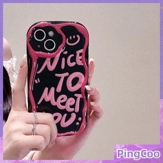 PingCoo - Curved Wave Case For iPhone 14 13 12 11 Pro Max 7 8 Plus XR TPU Soft Glossy Black Case Pink English Camera Protection Shockproof Back Cover