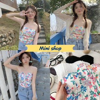 Mini shop🌸พร้อมส่ง🌸 (D22New) เสื้อเกาะอกมีฟองน้ำ รัดรูปลายดอกไม้ สม๊อคหลังยืดนิดหน่อย น่ารักมากมี4สี