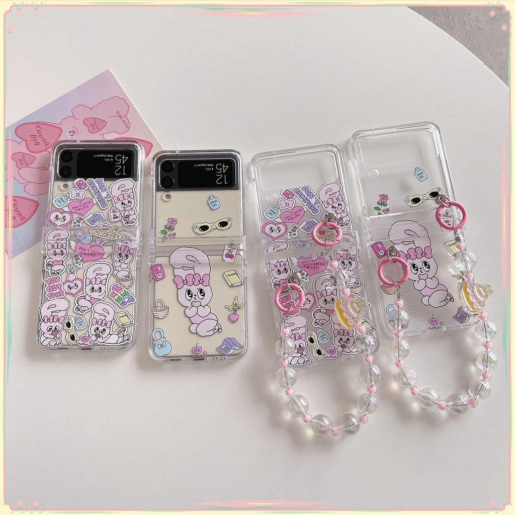 For Samsung Galaxy Z Flip 7 5G 3in1 น่ารักการ์ตูนEkกระต่ายพร้อมBean chain PCกรณีSamsung Galaxy Z Flip 3 hardกันกระแทกโทรศัพท์ความคิดสร้างสรรค์กรณีปก