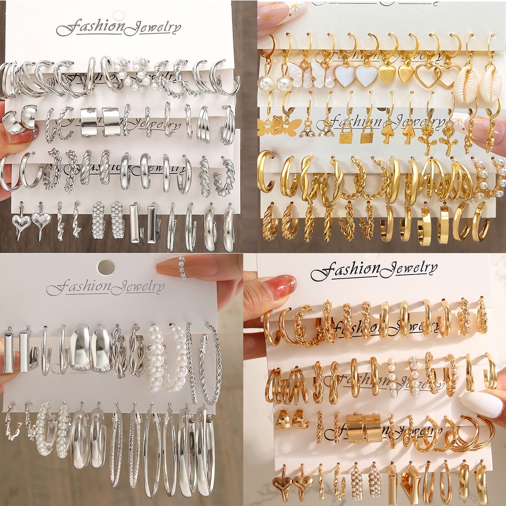 ซื้อ 6 แถม 1 ฟรี ของขวัญ ต่างหูห่วงบิดผีเสื้อ สีเงิน มุก หัวใจ กลวง ต่างหูห้อย สําหรับผู้หญิง โลหะ สีทอง ต่างหูสตั๊ด ต่างหูอินเทรนด์ เครื่องประดับ subang