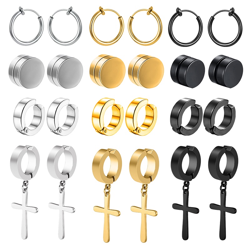 1/12 คู่แม่เหล็กหูคลิปชุดผู้ชายและผู้หญิงแหวนสแตนเลส CROSS Non-Perforated ปลอม Gauge Huggie Hoop ต่างหูชุด