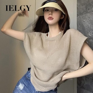 IELGY เสื้อยืด แขนสั้น บาง ทรงหลวม กลวง กันแดด สไตล์เกาหลี สําหรับผู้หญิง