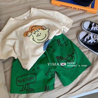 พร้อมส่ง ชุดเซ็ทเด็กผู้ชาย  เสื้อยืดลําลอง แขนสั้น กางเกงขาสั้น ลายการ์ตูน สไตล์เกาหลี ตะวันตก สุดเท่ สําหรับเด็กผู้ชาย สองชิ้น