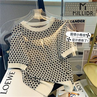 Houndstooth เสื้อยืดแขนสั้น ผ้าถัก แบบบาง แฟชั่นฤดูร้อน สําหรับผู้หญิง 2023