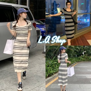 L.A Shop พร้อมส่ง ชุดเดรสไหมพรมแขนสั้นคอกลม กระโปรงยาวสุดๆลายทาง "M0528" -C