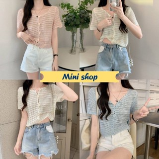 Minis shop🌸พร้อมส่ง🌸 (M0230) เสื้อถักไหมพรมแขนสั้น คอวี กระดุมด้านหน้าสีพาสเทล -C