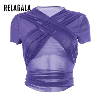 Relagala ใหม่ เสื้อยืดแขนสั้น คอวี ลําลอง เข้ารูป สีพื้น เซ็กซี่ แฟชั่นสําหรับสตรี 2023