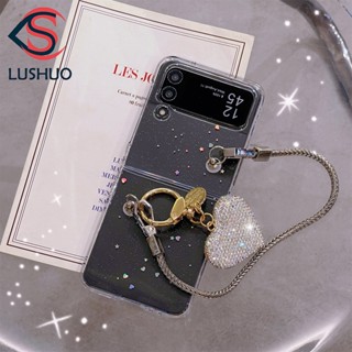 Lushuo เคสโทรศัพท์มือถือ แบบใส ปิดด้านหลัง ลายหัวใจ ประดับกลิตเตอร์ พร้อมสายโซ่คล้อง สําหรับ Samsung Galaxy Z Flip 3 5G and Z Flip 4 Z Flip3 ZFlip3 ZFlip 3 Z Flip4 ZFlip 4