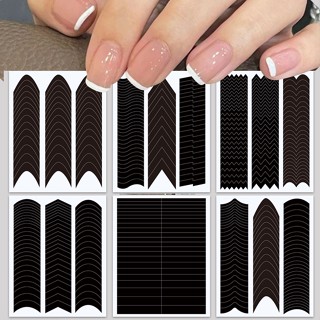 6 แผ่นสีดําเล็บฝรั่งเศสแถบเล็บรูปแบบ Fringe Tip Guides สติกเ…