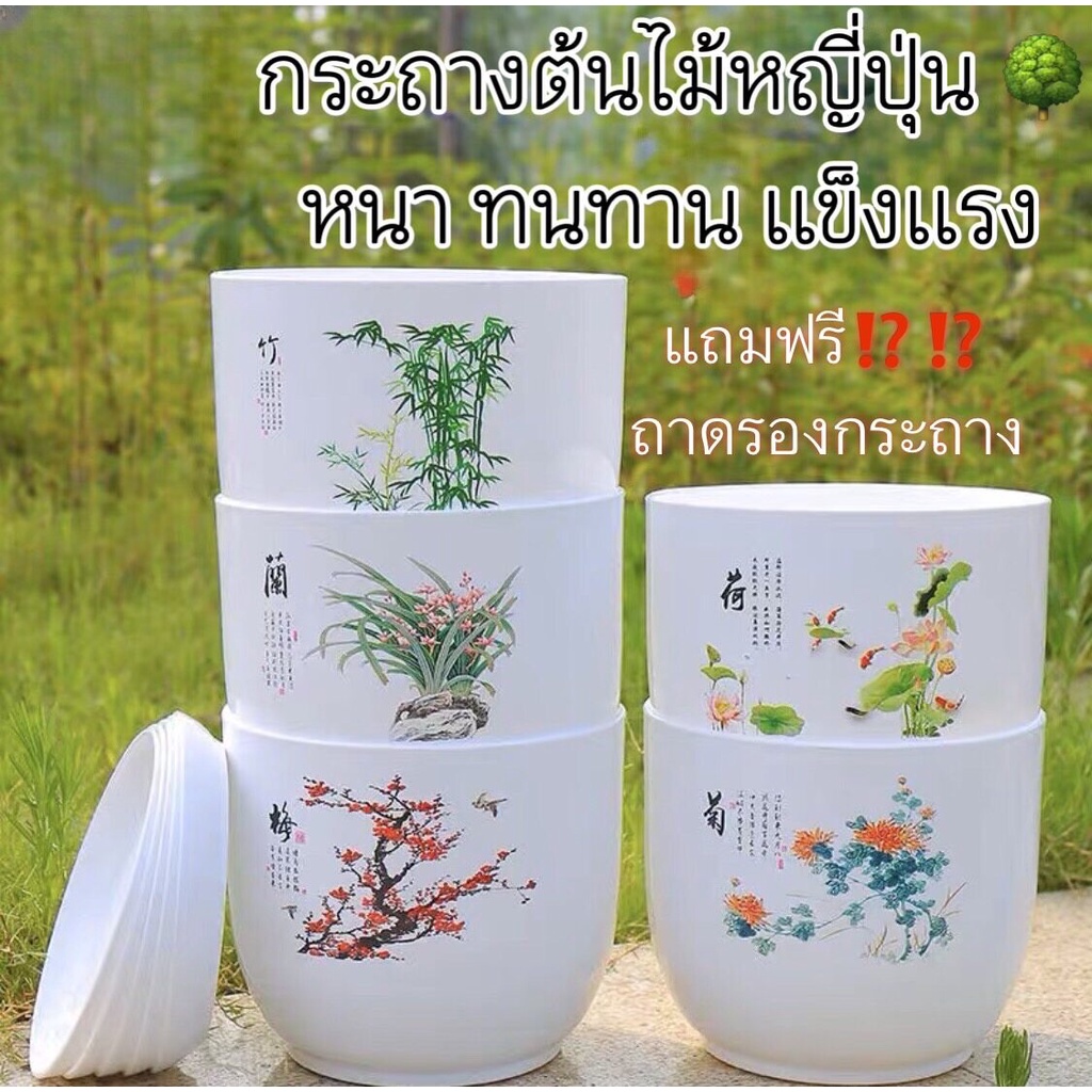 กระถางดอกไม้พิมลาย มงคล (พร้อมจานรอง) มีรูระบายน้ำ กระถางพลาสติก กระถางต้นไม้ (พร้อมส่ง) H-F