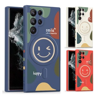 เคสโทรศัพท์มือถือ ซิลิโคนนิ่ม กันกระแทก ลายหน้ายิ้มแฮปปี้ พร้อมที่ชาร์จแม่เหล็ก สําหรับ Samsung S23 Ultra S22 Plus Galaxy S23+ S22 Ultra S22+