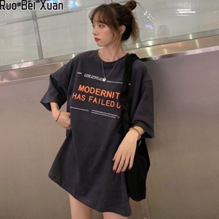 RUO BEI XUAN เสื้อยืดสตรีฤดูร้อนใหม่สไตล์เกาหลีย้อนยุคพิมพ์หลวมแขนสั้นด้านบน