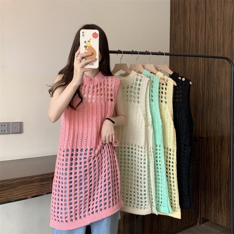 ชุดเดรสตาข่ายถักกลวงสไตล์เกาหลีของผู้หญิง sundress ฤดูร้อนแขนกุด sundress