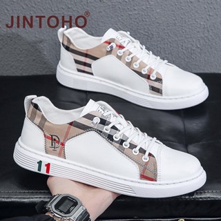 Jintoho รองเท้าผ้าใบลําลอง หนัง สีขาว คุณภาพสูง แฟชั่นสําหรับผู้ชาย