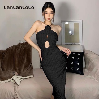 Lanlanlolo ชุดเดรสลําลอง เปิดหลัง เข้ารูป ลายดอกไม้ สีพื้น สําหรับผู้หญิง 2023