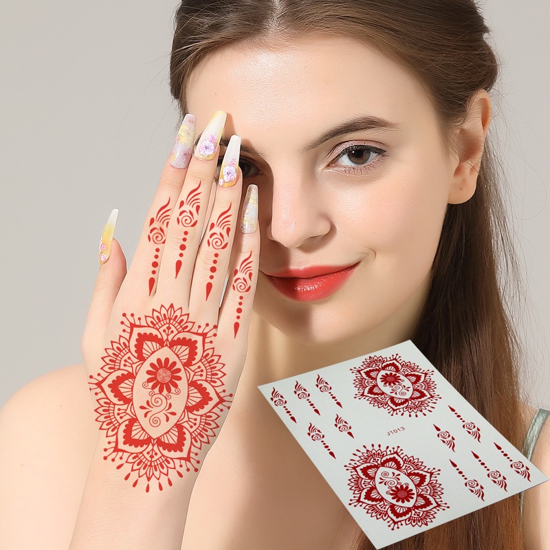 สติกเกอร์รอยสักชั่วคราว กันน้ํา ลายดอกไม้ Mandala Mehndi สีแดง สีขาว สําหรับผู้หญิง งานแต่งงาน งานเทศกาล