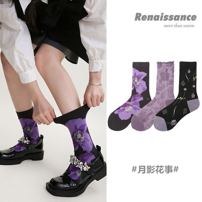 Renaissance ถุงเท้าผ้าฝ้าย ลายนูน แฟชั่นฤดูใบไม้ผลิ และฤดูใบไม้ร่วง สําหรับผู้หญิง