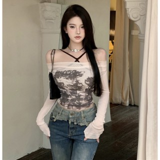 เสื้อยืดแขนยาว คอแบน สุดเซ็กซี่ เข้ารูป และตรวจสอบเสื้อชั้นใน สําหรับสตรี