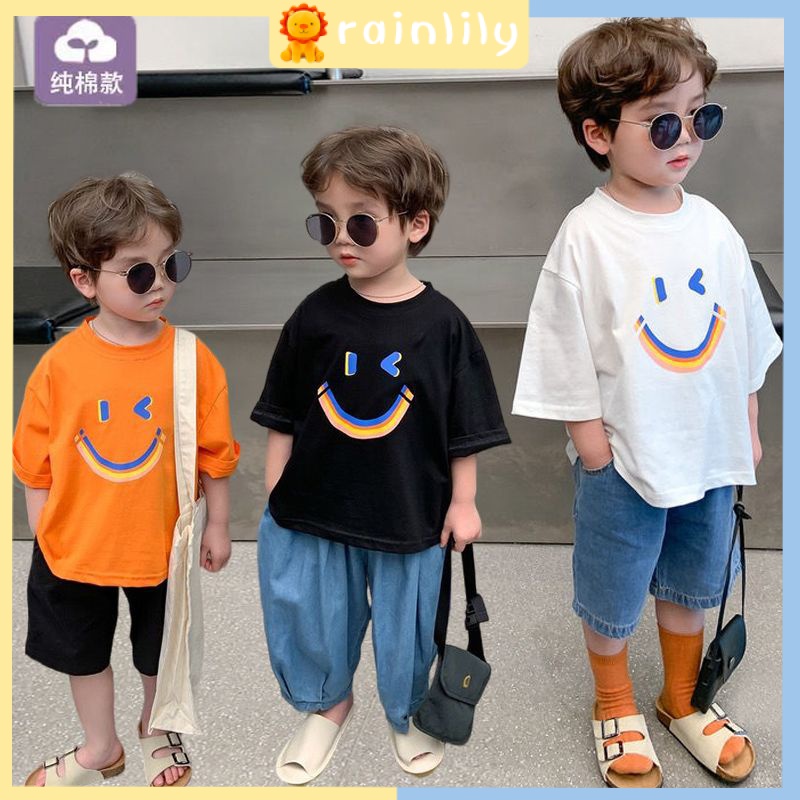เสื้อยืดแขนสั้น ผ้าฝ้ายแท้ ขนาดเล็ก แบบเรียบง่าย แฟชั่นฤดูร้อน สําหรับเด็กผู้ชาย