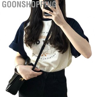 Goonshopping Women Short Sleeves T Shirt  Letters Printing Skin Friendly Color Contrast Round Neck Short Sleeve Top  for Daily Wear