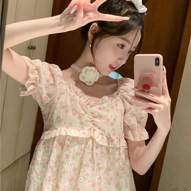 หวานหลวมเสื้อเชิ้ตแขนสั้นลายดอกเวอร์ชั่นเกาหลีน่ารักเสื้อสั้น