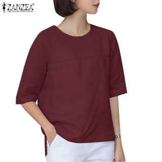 Zanzea เสื้อเบลาส์ลําลอง ผ้าฝ้าย คอกลม แขนห้าส่วน สีพื้น สไตล์เกาหลี สําหรับผู้หญิง