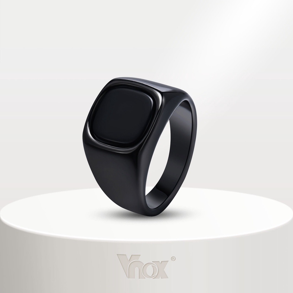 Vnox แหวนแฟชั่นผู้ชาย พังก์ หินสีดํา แหวนสเตนเลส หินแก้ว สี่เหลี่ยม เต็มแสง สีดํา ป้องกันอาการแพ้ เครื่องประดับผู้ชาย