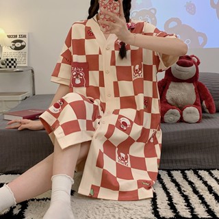 womens new summer pajamas Summer Strawberry Bear Plaid Sweet Homewear Short-sleeved Nightdress