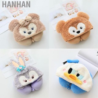 Hanhan Hooded U Shaped Pillow Cute Cartoon Travel PP Cotton U Shaped Neck Pillow for Airplane Seat