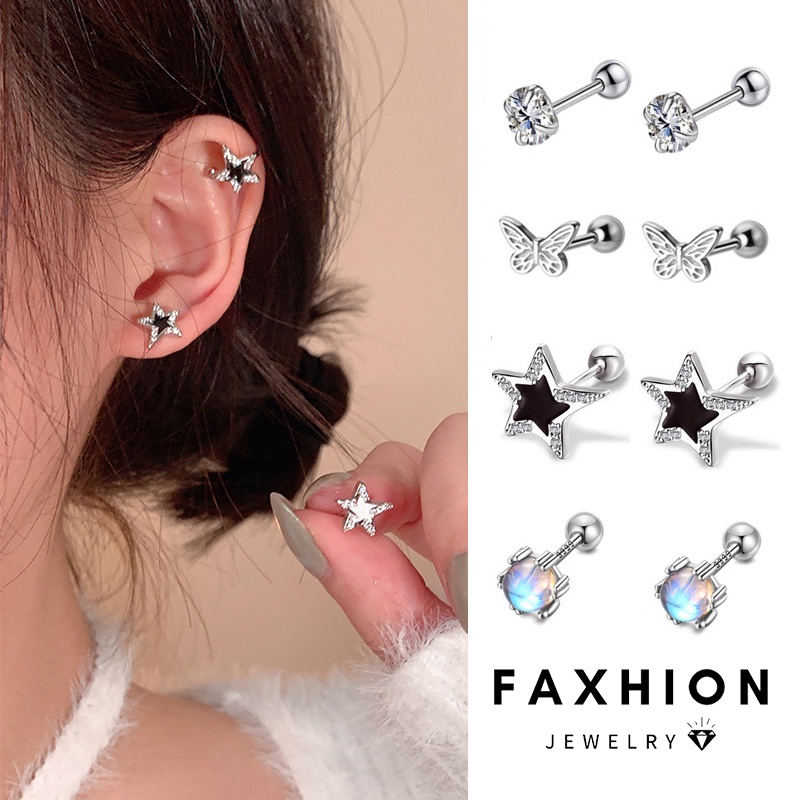Faxhion 1 คู่ สเตนเลส เพทาย ดาว ต่างหูสตั๊ด สําหรับผู้หญิง คริสตัล มูนสโตน กระดูกอ่อน เจาะ ไฮโปอัลเลอร์จีนิก ต่างหูเครื่องประดับ อุปกรณ์เสริม