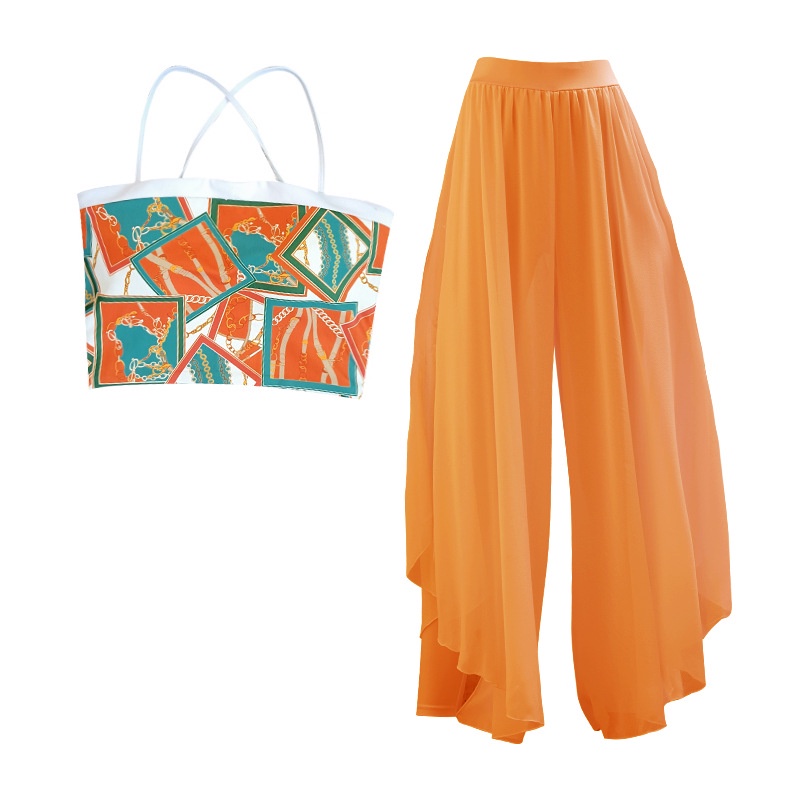 ชุดเสื้อแขนกุด และกางเกง ผ้าชีฟอง สไตล์คลาสสิก สองชิ้น สําหรับผู้หญิง ใส่เต้นรํา เล่นโยคะ พิลาทิส