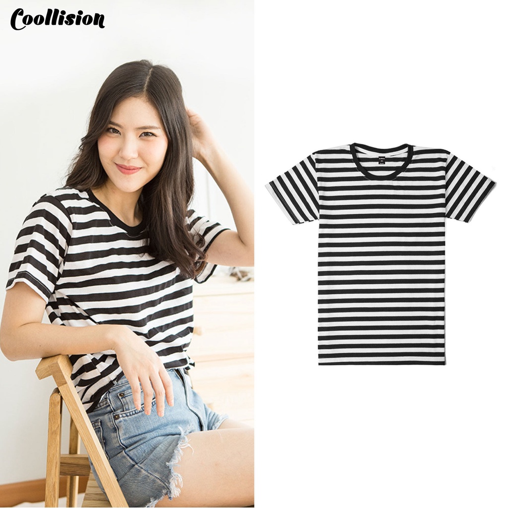#Coollision -1cm.-BLACK เสื้อยืดลายทาง ขาวสลับดำ เสื้อลายทาง งานดี สีไม่ตก unisex