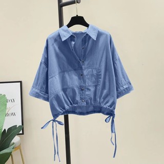 เสื้อแจ็กเก็ตยีนแขนสั้น ลายทาง สีฟ้า แฟชั่นฤดูร้อน สําหรับผู้หญิง