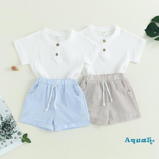 Aqq- ชุดเสื้อแขนสั้น กางเกงขาสั้น สีพื้น สําหรับเด็กผู้ชาย 2 ชิ้น