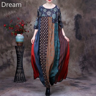 Ethnic style dress for women, medium and large size, deep-cut, loose, fragrant and cloud yarn dress