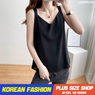 Plus size tanktop❤ เสื้อสายเดี่ยวสาวอวบ ไซส์ใหญ่ ผู้หญิง ผ้าชีฟอง ทรงหลวม คอวี สีดำ ฤดูร้อน สไตล์เกาหลีแฟชั่น