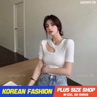 Plus size เสื้อผ้าสาวอวบ❤ เสื้อยืดสาวอวบอ้วน ไซส์ใหญ่ ผู้หญิง เสื้อยืดรัดรูป แขนสั้น คอกลม สีขาว ฤดูร้อน สไตล์เกาหลีแฟชั่น