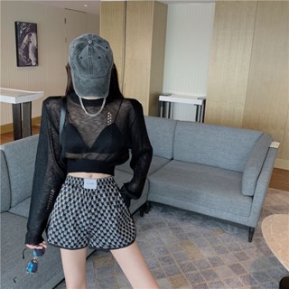 High waist short crop design sense niche loose knit sunscreen shirt black long sleeve summer thin