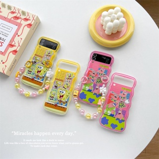 เคสโทรศัพท์มือถือแบบแข็ง กันกระแทก ลายการ์ตูน SpongeBob พร้อมสายโซ่คล้อง สําหรับ Samsung Galaxy Z Flip 4 5G Z Flip 3