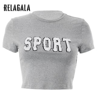 Relagala ใหม่ เสื้อยืดลําลอง แขนสั้น พิมพ์ลายตัวอักษร สีพื้น แฟชั่นสําหรับสตรี 2023