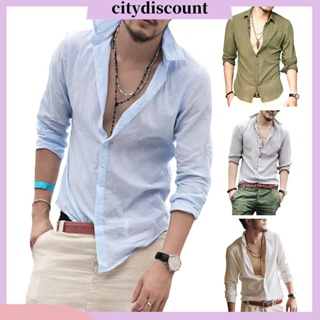 &lt;citydiscount&gt; เสื้อเชิ้ตแขนยาวลําลอง คอปก แต่งจับจีบ กระดุมแถวเดียว สีพื้น แฟชั่นฤดูร้อน สําหรับผู้ชาย