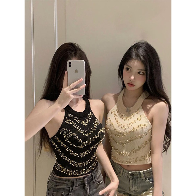 Xiao เสื้อสายเดี่ยว ผ้าถัก ทรงสลิมฟิต สไตล์ฝรั่งเศส เซ็กซี่ เหมาะกับฤดูร้อน สําหรับผู้หญิง FW24