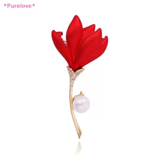 Purelove&gt; เข็มกลัด รูปดอกทิวลิป ประดับมุก พลอยเทียม สีแดง หรูหรา เครื่องประดับ สําหรับผู้หญิง งานแต่งงาน ปาร์ตี้