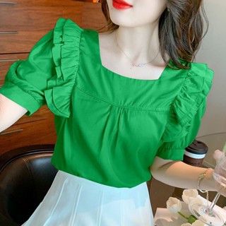 French Ruffled Square Collar Short Sleeve Shirt Womens Design Niche 2023 Summer New Puff Sleeve Green Top