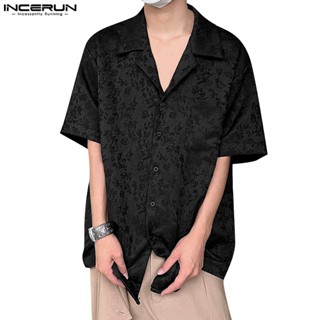 Incerun เสื้อเชิ้ตแขนสั้น คอวี ผ้าแจ็คการ์ด สีพื้น สไตล์เกาหลี สําหรับผู้ชาย