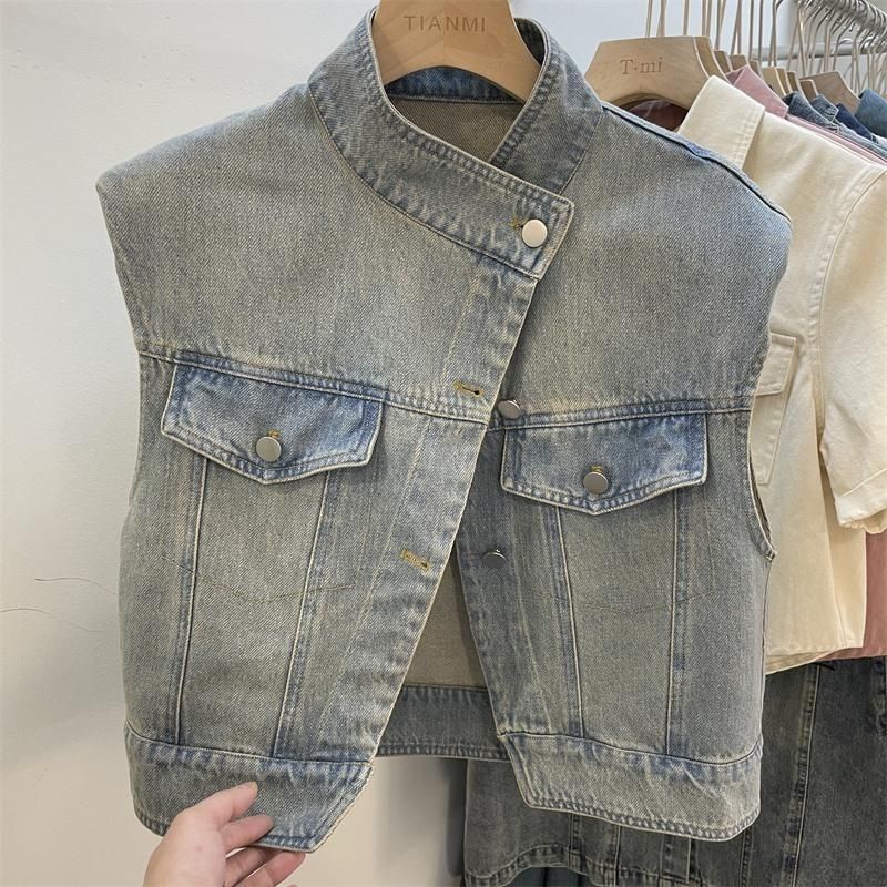 Retro Blue Denim Short Vest Jacket Spring Summer All-Match Vest Vest Vest&&&*