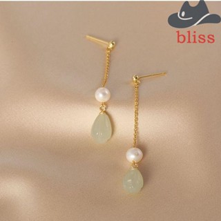 BLISS เครื่องประดับ ต่างหูระย้า ประดับไข่มุก สีเขียว แบบเรียบง่าย สไตล์จีนโบราณ คลาสสิก สําหรับผู้หญิง